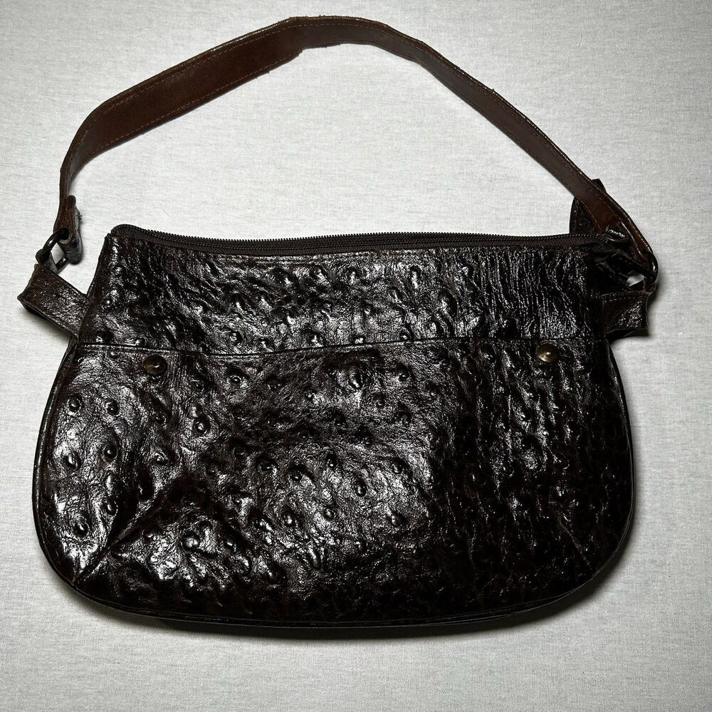 Veari Ostrich Shoulder Bag, Three Internal Compartments in Chocolate Brown